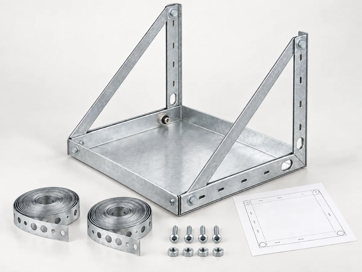 Galvanized wall-hanging platform with drain pan, two strap coils, assembly hardware and template