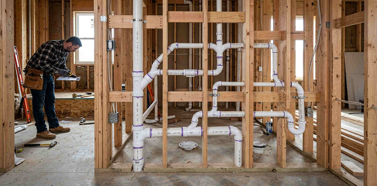 ABS DWV pipe rough-in showing drain lines and vent stacks in wall framing