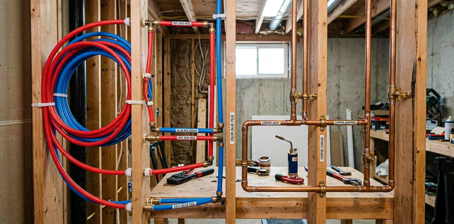PEX tubing coil and copper pipe side by side for comparison
